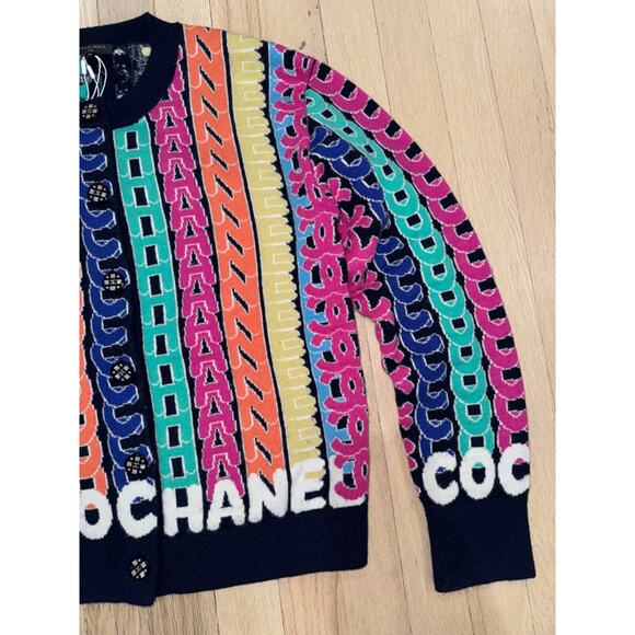 Chanel 21K Blue Rainbow Letter Logo CC Button Long Sleeve Cardigan Sweater 36 - Picture 2 of 15